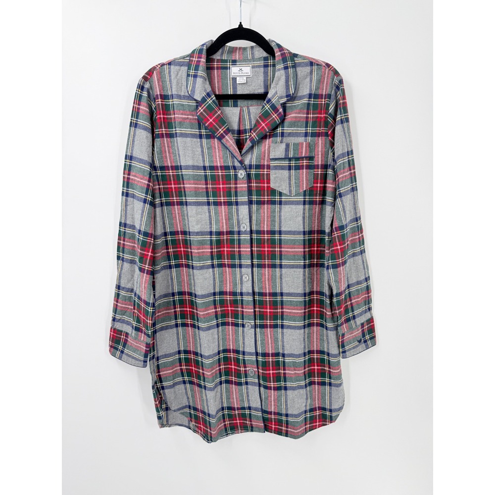 Petite Plume Womens sz M Tartan Plaid Flannel Cotton Nightgown Nightshirt preppy